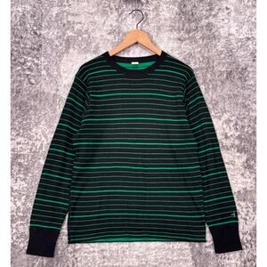 Relwen Sweater Large Mens Cotton Wool Blend Black Green Striped Crewneck